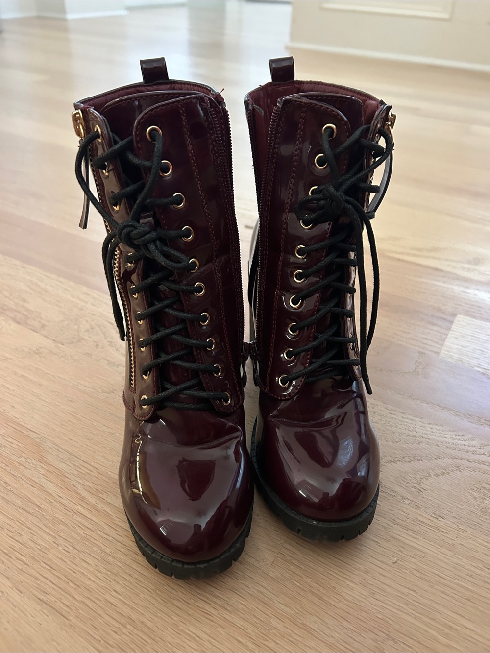 Women’s Burgundy Patent Lace-Up Combat Boots